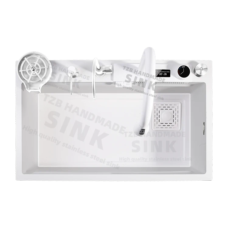 White Hydroelectric Power Smart Temperature Display Deep Sink Stainless Steel Handmade Above Counter Kitchen Sink