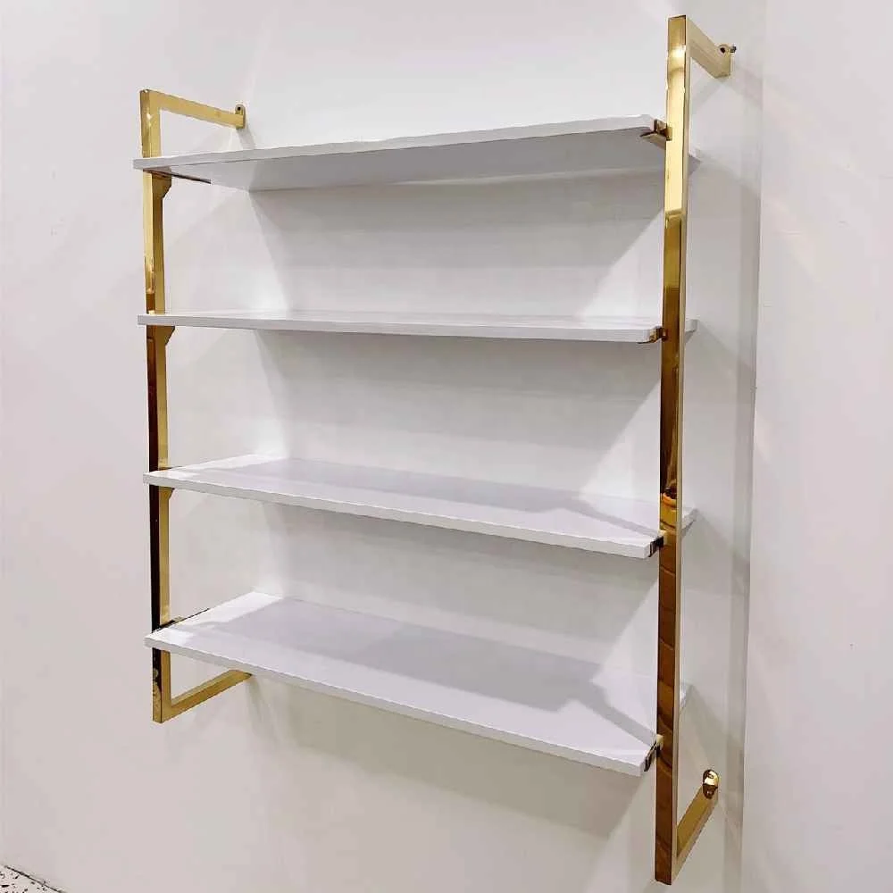 Interior Design Clothing Store Furniture Shop Decoration Gold Stainless Steel 4 Tiers Wall Shoe Display Rack For Shoe Bag Store