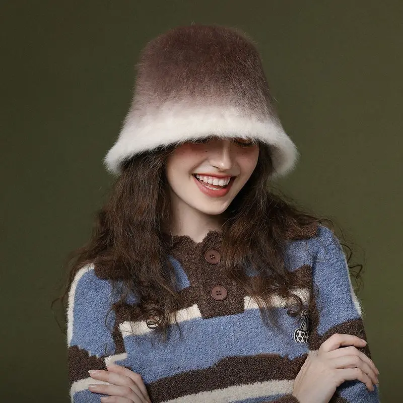 2024 New Fashion Rabbit Fur Bucket Hat Winter Autumn Pure Color Design Bucket Hat For Women