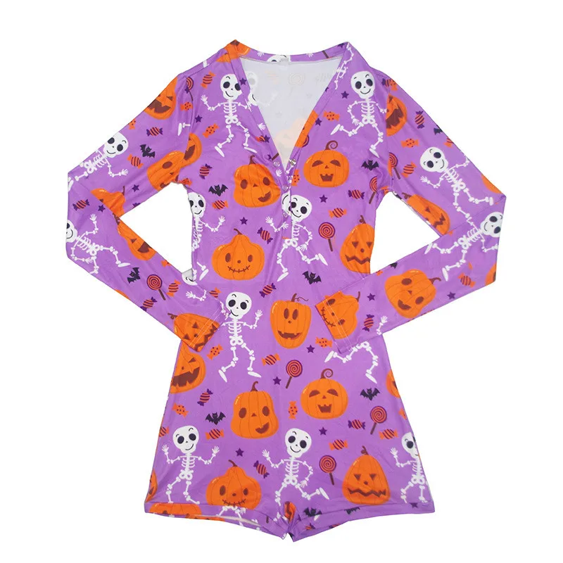 Pumpkin onesie sleepwear adult halloween onesie custom printing v neck buttoned long sleeve pumpkin pajamas