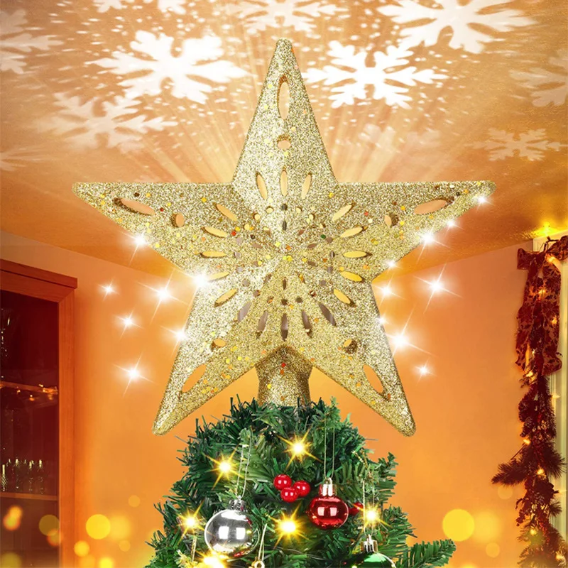 Led Christmas Tree Top Projection Light 3D Rotating Projector Lamp Silver Gold Star Snow Shape Pentagram Tree Decoration Lights
