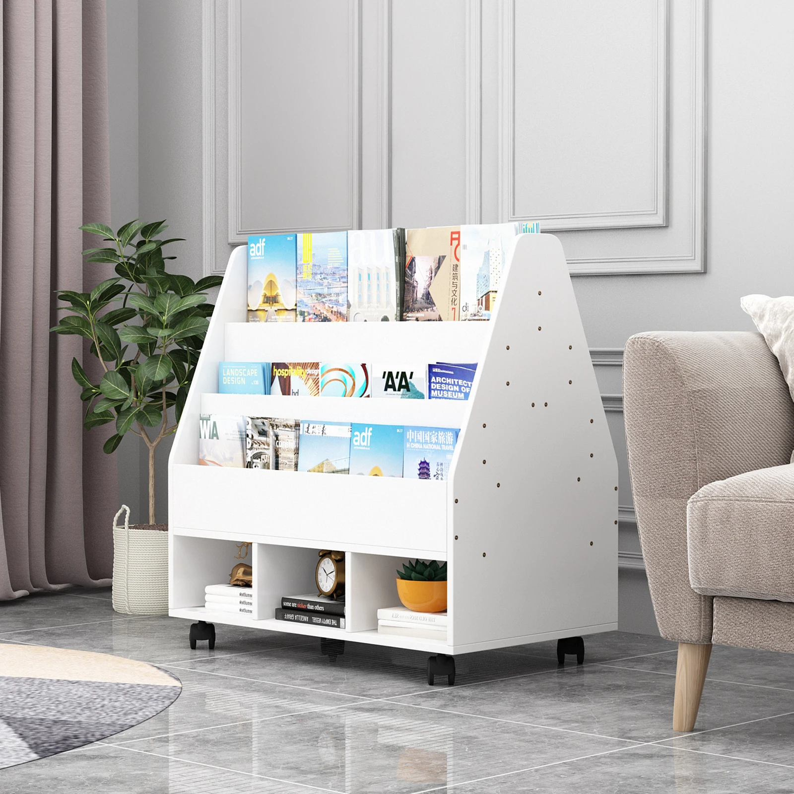 YQ FOREVER White Bookcase Magazine Display Rack Newspaper Holder Kids Toy Cabinet Wooden Storage Bookshelf