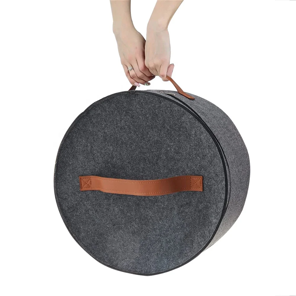 Foldable travel hat box storage organizer both side handle round felt hat storage box for women men