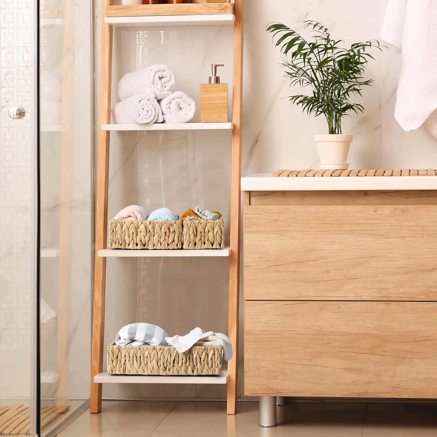 Wicker Basket Water Hyacinth Handwoven Baskets for Bathroom Organizing Towel Storage Baskets with Faux Leather Handles