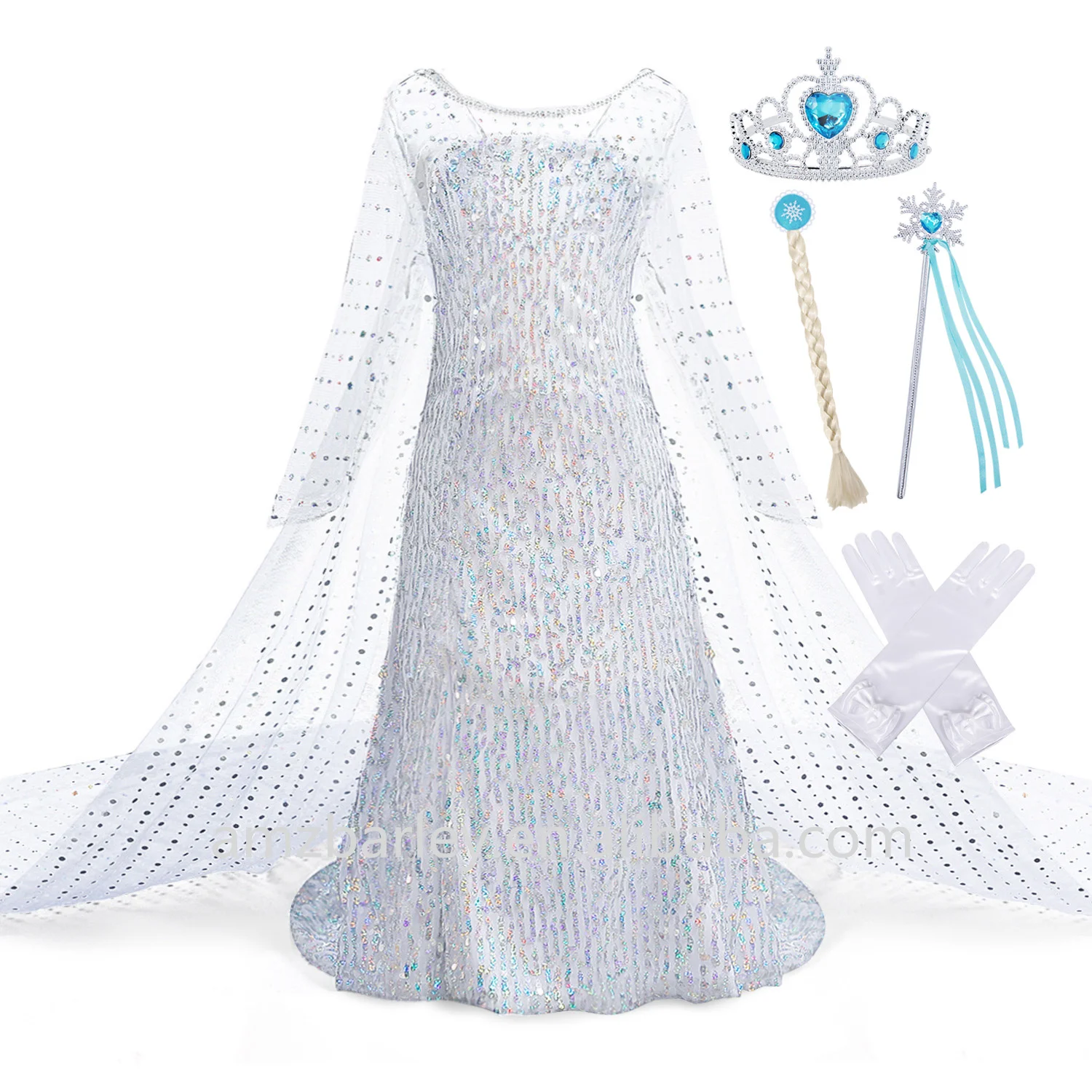 Hot Sale Long Cloak Elsa Queen Costume Sequin Kids Masquerade Party Dress for Ice Girls with Wig Crown Gloves Magic Stick