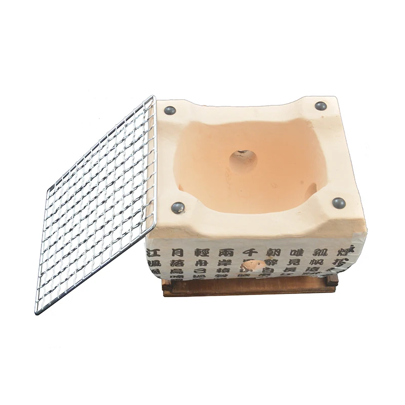Japanese Tabletop Shichirin Konro Charcoal Grill with Wire Mesh and Wooden Base Hibachi Style Yakiniku