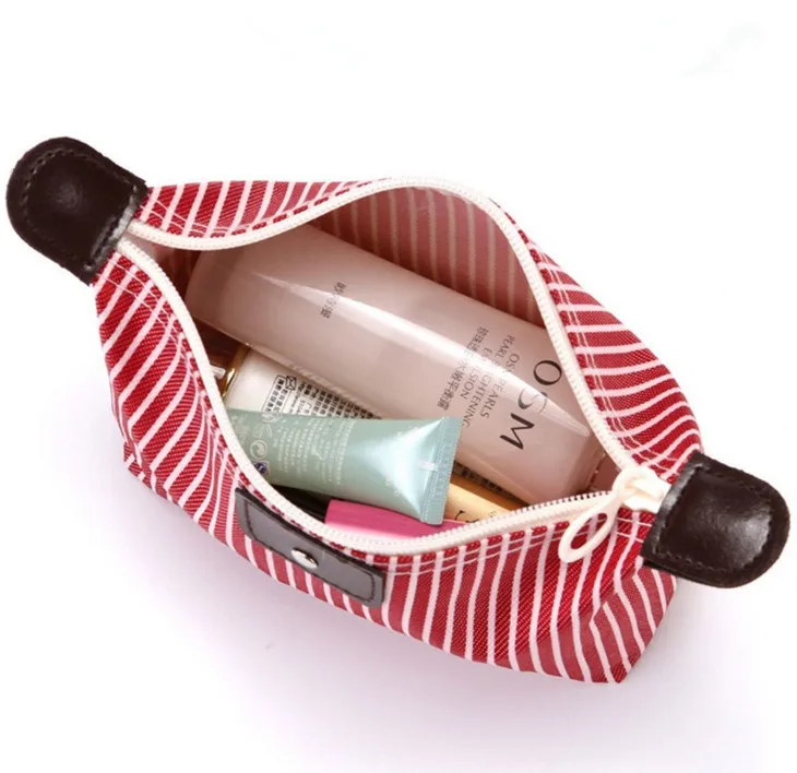 Cheap PU Leather Travel Bag Women Fold Organizer Stripe Promotion Cosmetic Bag Toiletry Pouch Portable MakeUp Female Wash Case