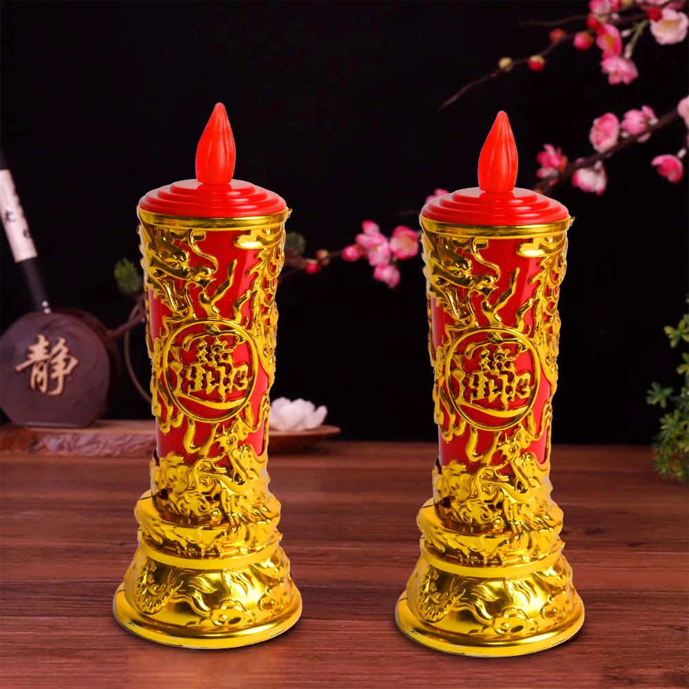 GF1242FL LED Golden Dragon Pattern Electronic Candle Buddha Lamp Red Pillar Smokeless Candles Light for Land God Temple