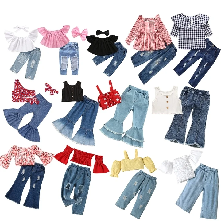 Wholesale all kinds of baby kids top and Jeans Two pieces sets Toddler Girl Jeans Set
