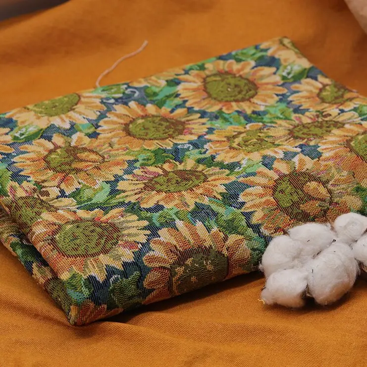 Vintage Oil Painting To Sunflower Jacquard Fabric Luggage Clothing Fabric Decorative Cloth