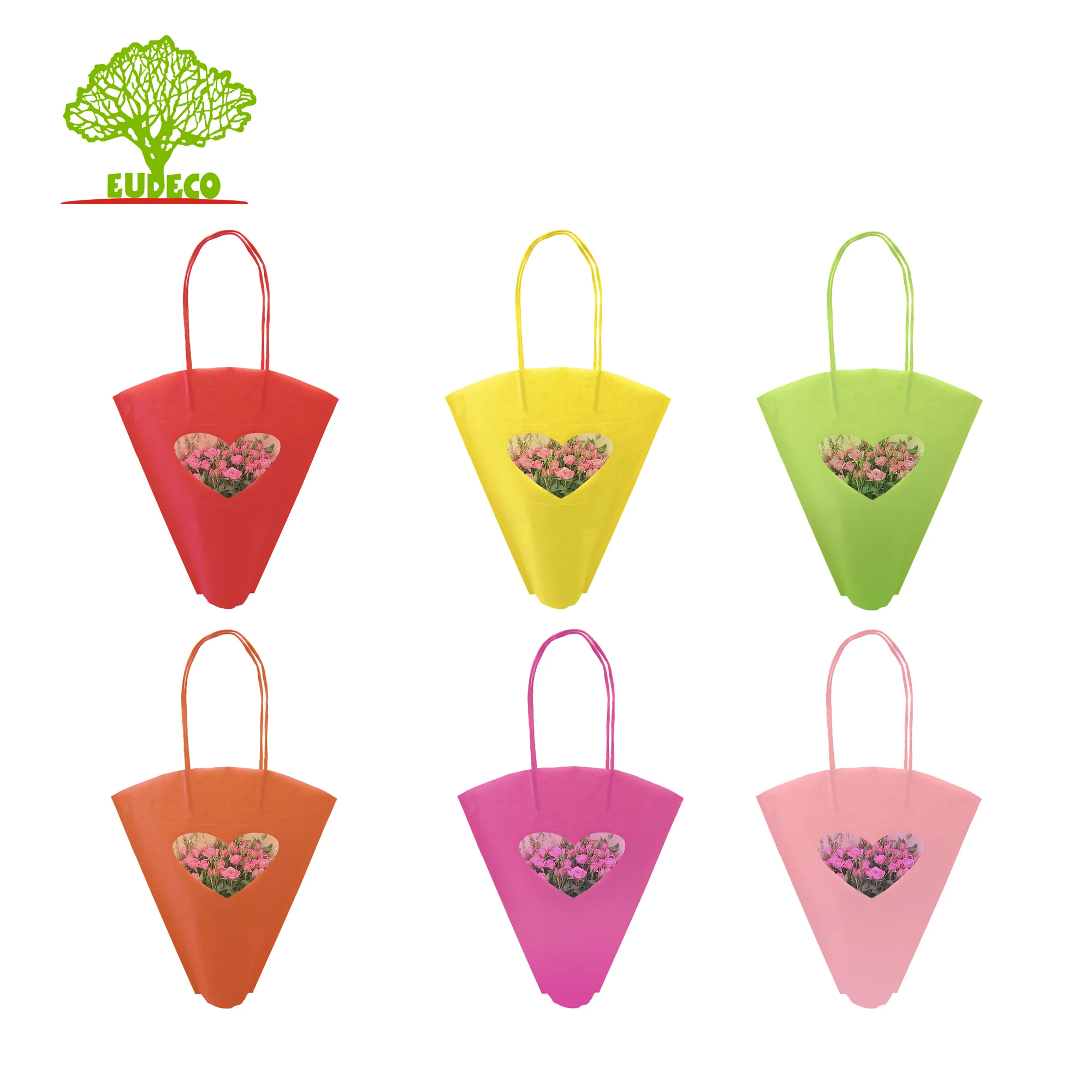 The Newest Popular and Beautiful Colorful Kraft Coated Flower Bag Heart Window Mother Day Paper Sleeve For Gifts