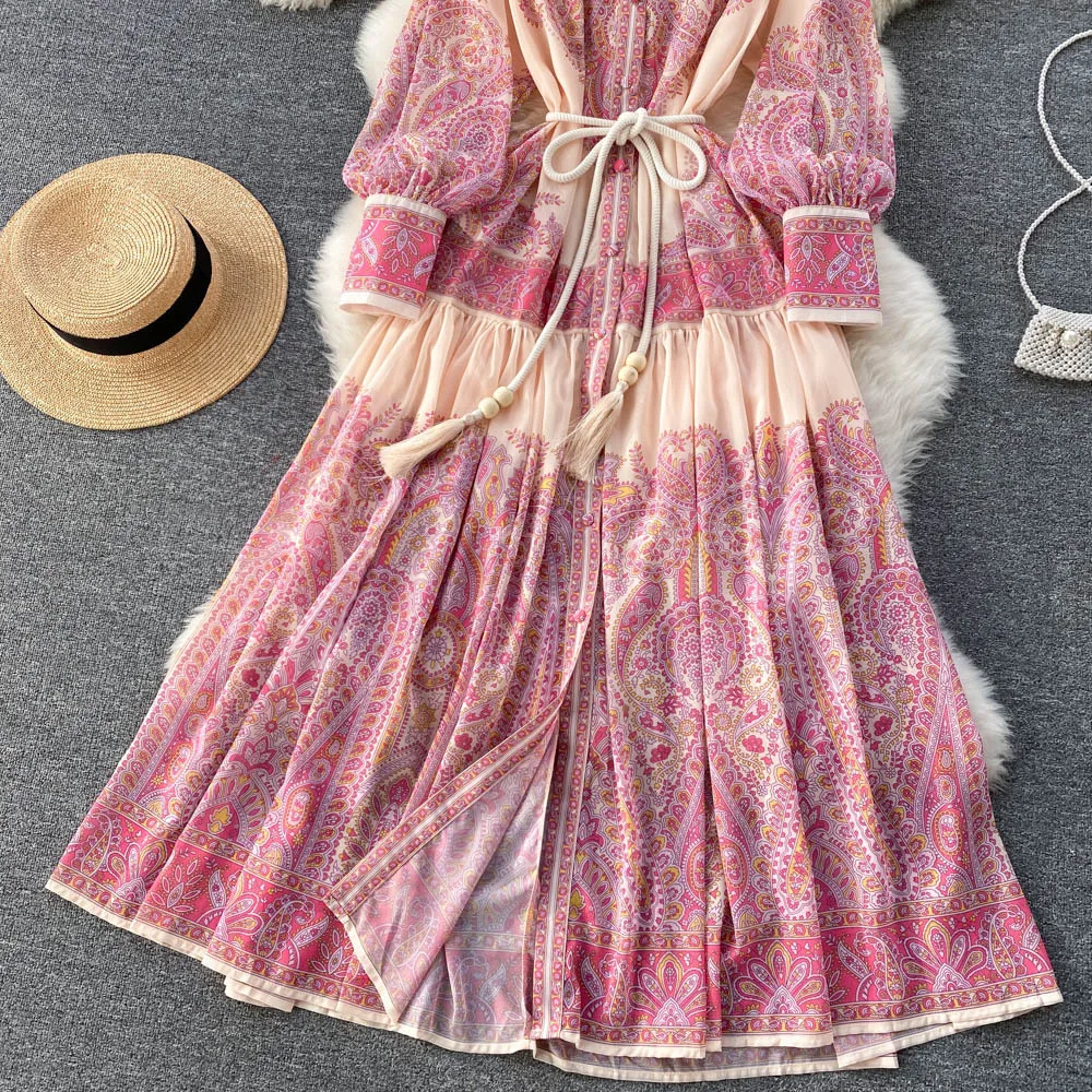 New Design Casual Stand Collar Ladies Lantern Sleeve boho custom all over 3d floral Print Loose Maxi long shirt Dress for Women