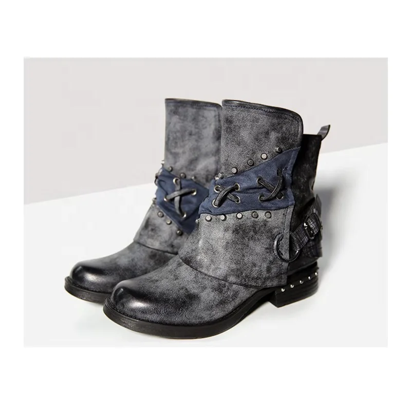 Hot Selling Autumn Winter Black Round Toe Retro Pumps Shoes European Style Rivet Low Heel Slip On Casual Women Ankle Boots