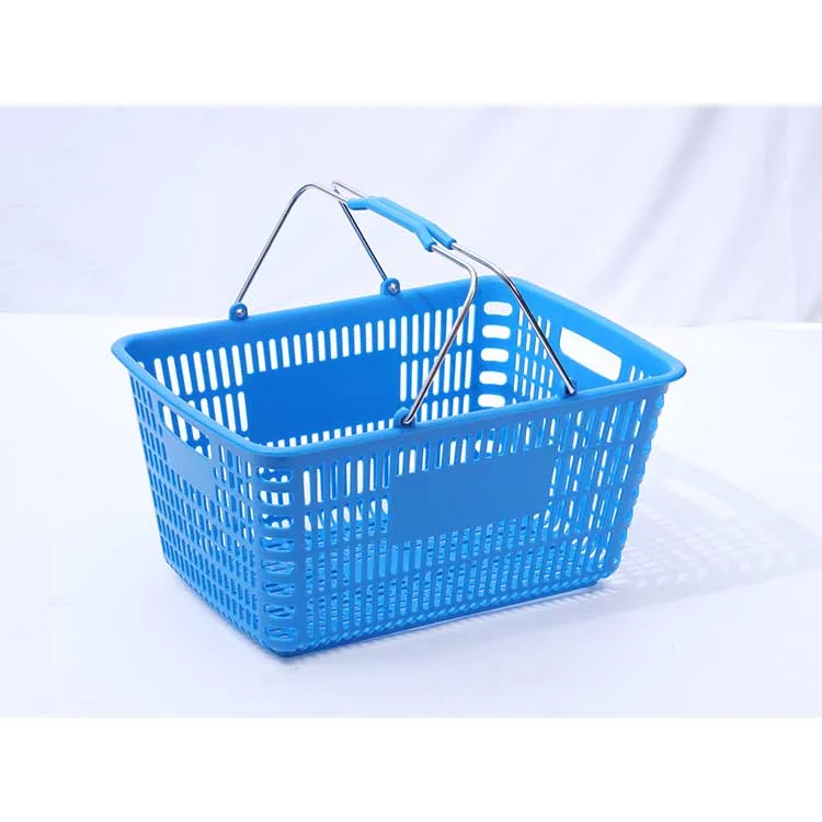 China Wholesale Fashionable Supermarket Plastic Shopping Baskets with Metal Handles