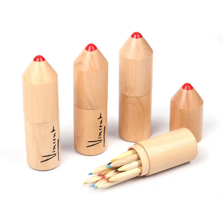 Best Selling Customized Logo Print Promotional Gift Wooden Crayon Shaped Coloured Tube Box Pencil