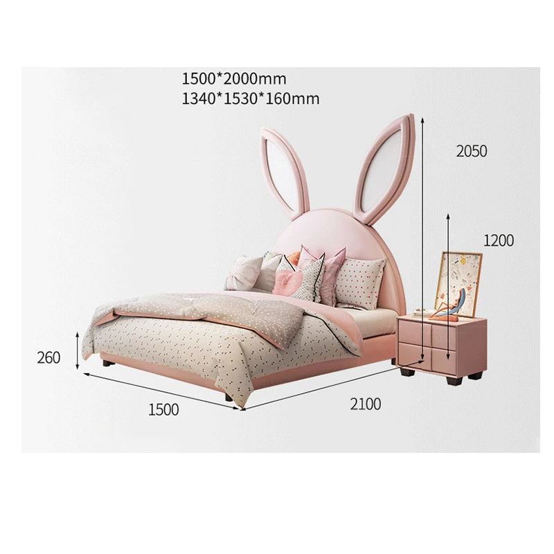 Cute Pink Bunny Ears Design Children Beds Solid Wood Double Kids Beds Cartoon Animal Shape Bedroom Furniture