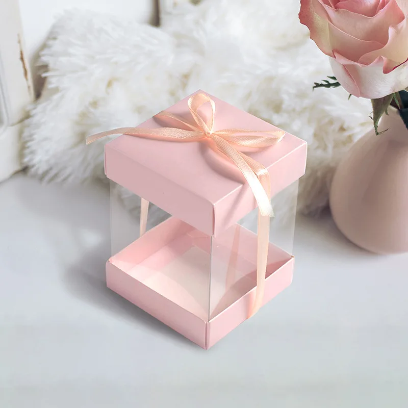 IMEE Fancy Pink Square Mini Cake Box Candy Chocolate Cookies Cube Clear Transparent PVC Plastic Wedding Gift Box