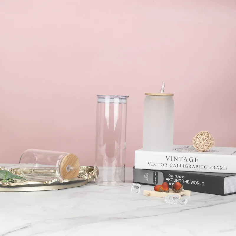 Flypeak New Arrival 12oz 16oz Clear Transparent Frosted Iridescent Sublimation Soda Can Glass Tumbler With Bamboo Lid And Straw