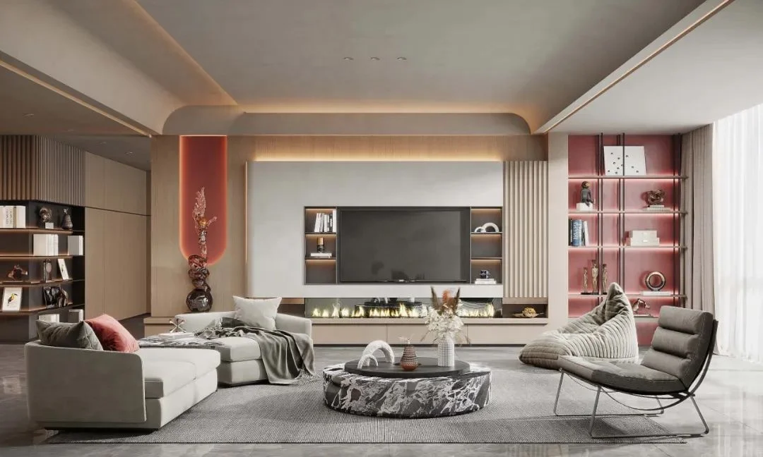 Modern luxury living room wall integrated TV background wall, sliding door TV cabinet