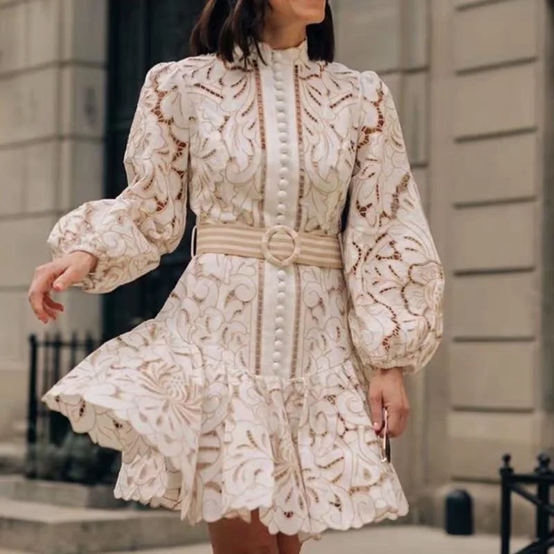  Bishop sleeve Open lace pleated hook A-line skirt commute High collar Decor Wholesale Summer Dresses