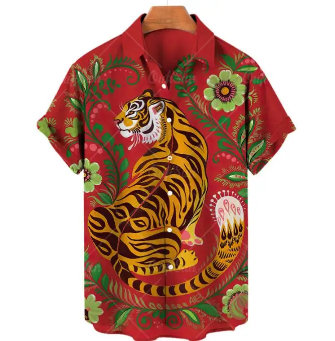 Wholesale 3D Print tiger Pattern Mens Shirts Casual Short Sleeve Summer Holiday Shirts for Men