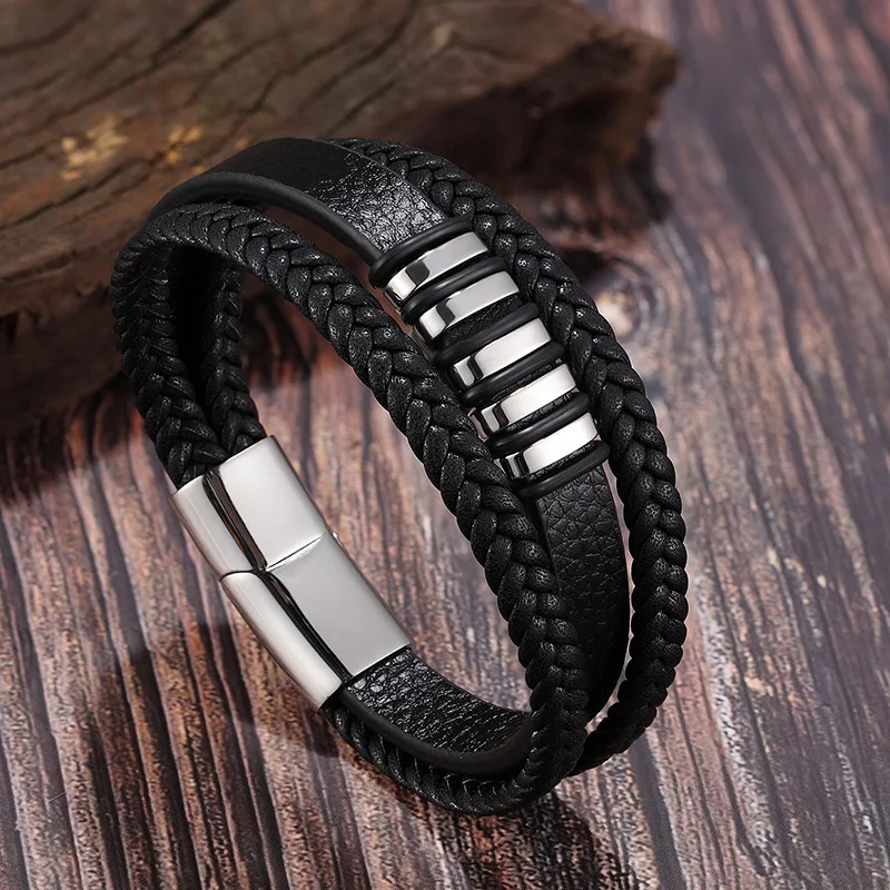 Jewelry Wholesale Punk 3 Layer Bangle Jewelry Stainless Steel Magnetic Buckle Wrap Braided Genuine Leather Bracelet Men