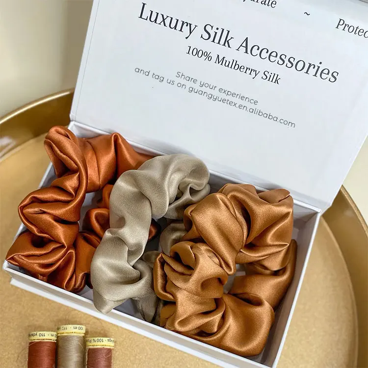 wholesale large pure silk Hair tie bands Custom 22 momme 100% mulberry silk Hair Scrunchie set with logo boxes