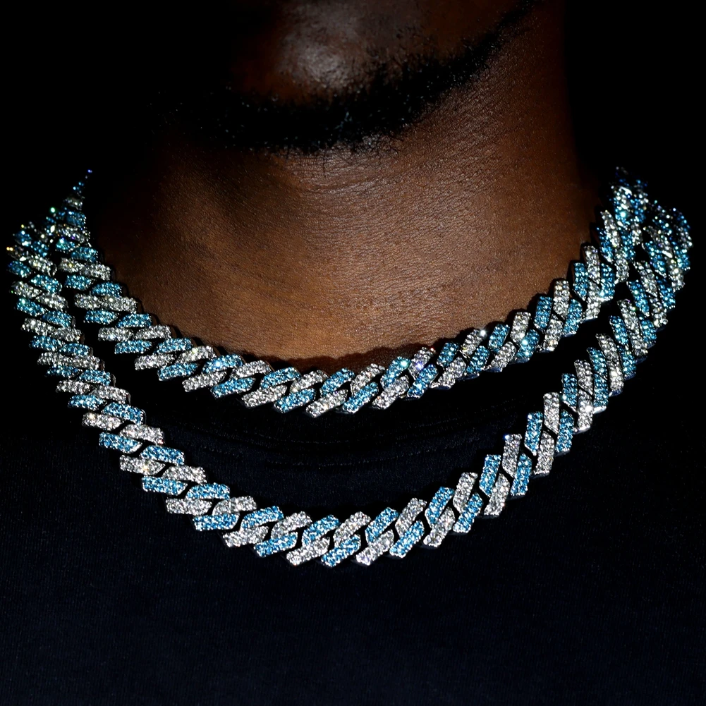 Wholesale Fashion Jewelry Hip Hop Two Tones Blue Diamond Chain Necklace Miami Cuban Chain Prong Necklace for Men