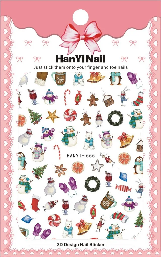 HANYI 554-577 New Design Nail Manicures Decals 3D Art Christmas snow santa Nail Art sticker for nail