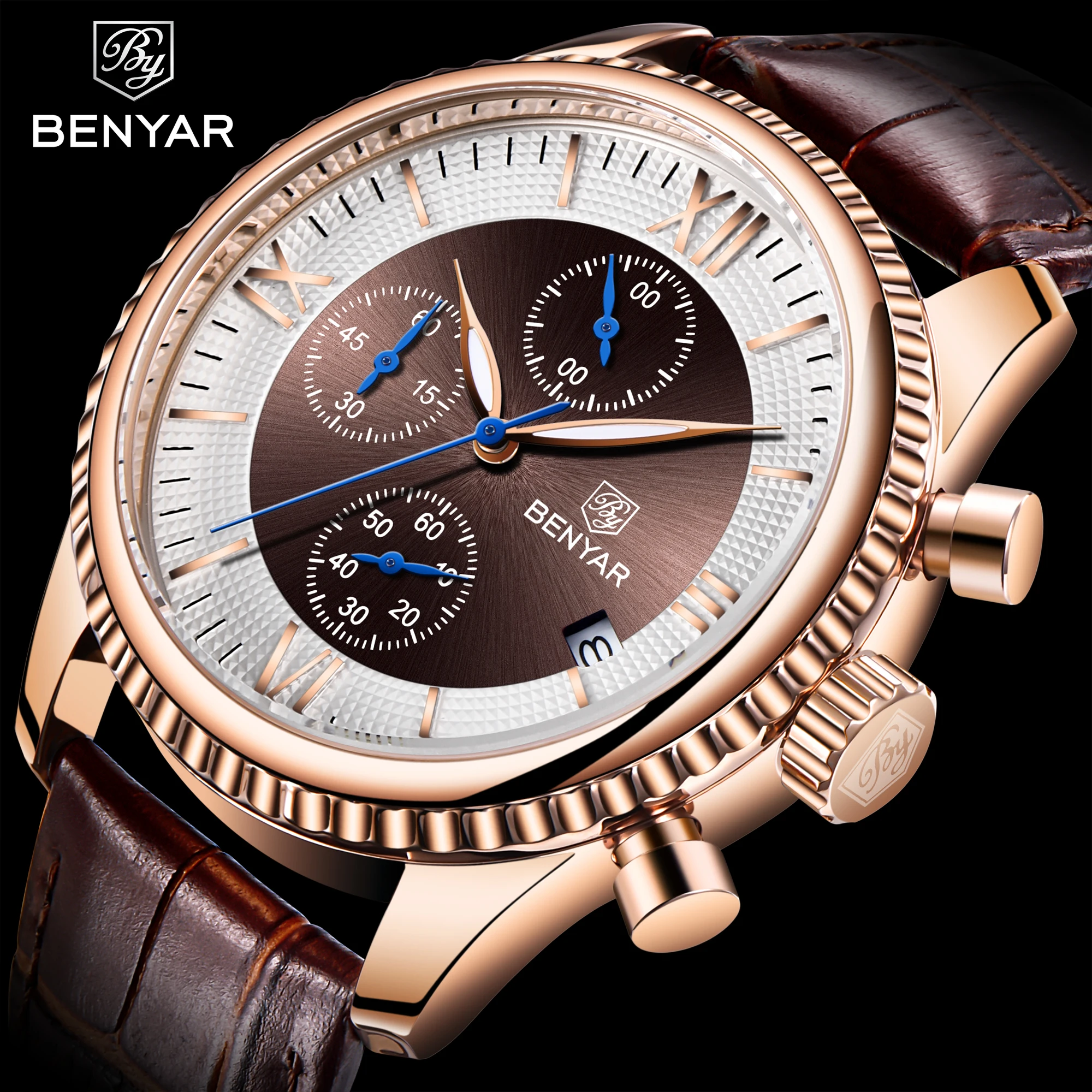 
Benyar 5129 luminous wrist watch custom logo hot sale Herrenuhr water resistant classic quartz 30m leather western wrist watches 