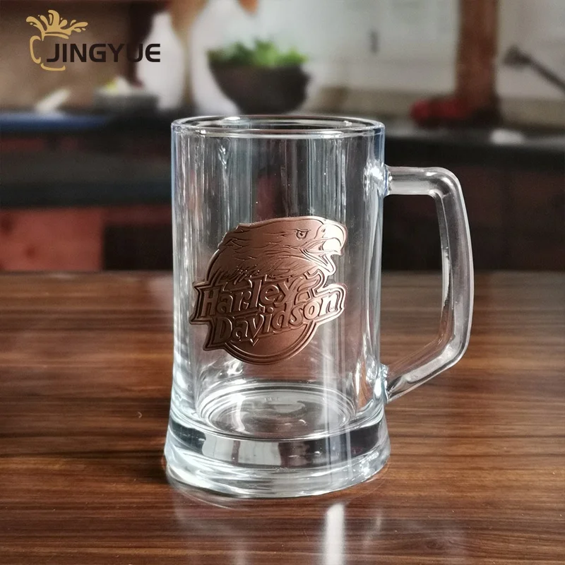 Bar Pub Wholesale Custom Logo Metal Sticker Heavy Base Durable Clear Pint Beer Glass Mug with Handle for Tea Juice