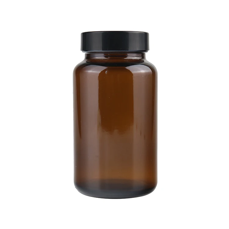 High Quality Pill Bottle Packaging Capsule Container Supplements 300ml Amber Boston Round Medical Glass Bottle