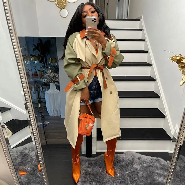 YP Wholesale  Fashion Solid patchwork Long Sleeve Button Women Jackets Coats 2021 Winter Trench Coat For Women Ladies Trendy