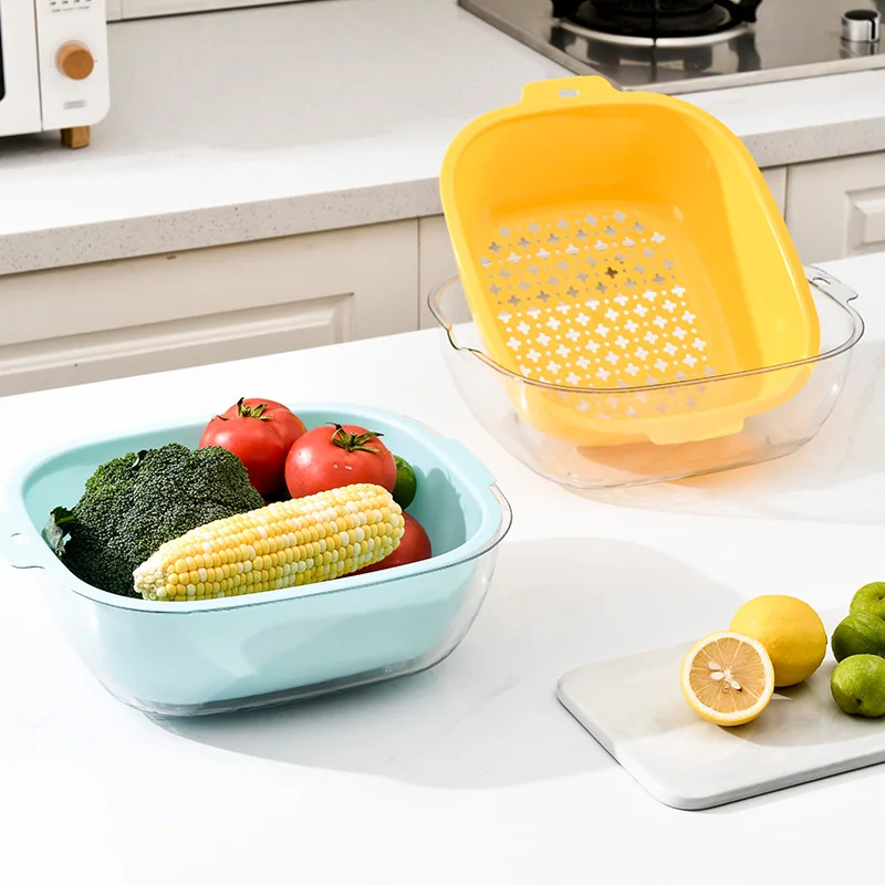 3 set Plastic Double Layered Drain Basin Basket for  Kitchen Colander Bowl Pasta Strainer Plastic Fruit Bowl Colanders
