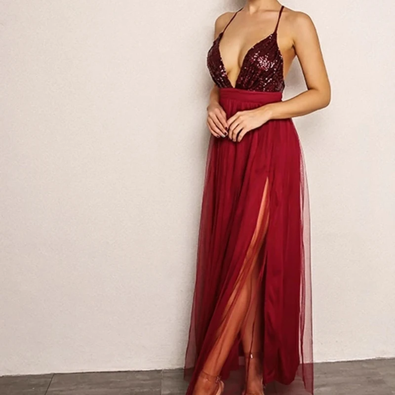 v neck sequined champagne long bridesmaid dress Cross Back Plunge Sequin Top Tulle for wedding party high quality for women