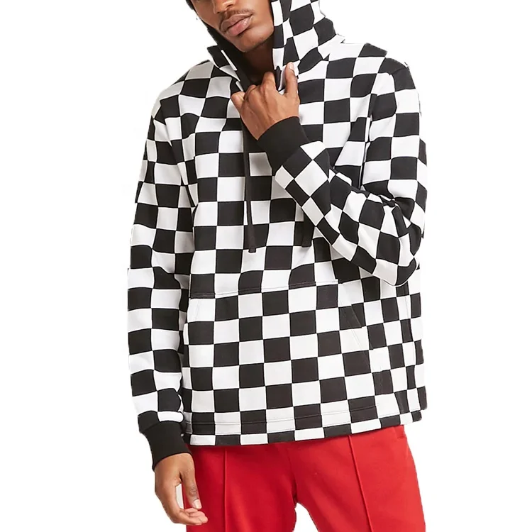 Wholesale Fleece Pullover Plaid Long Sleeve Checked Hooded Sweatshirt