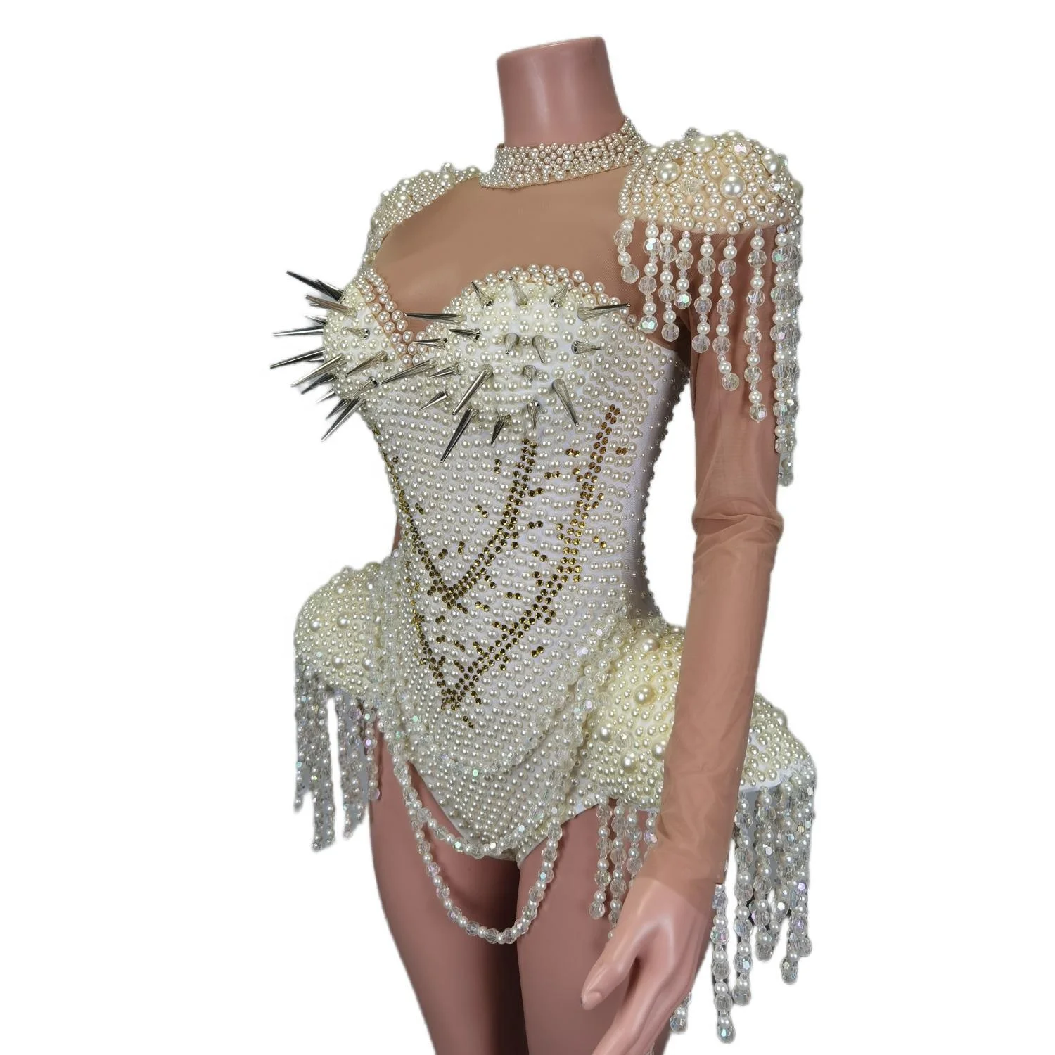 Luxury Fringes Rivets Pearls Rhinestone Jumpsuit Festival Outfit Show Stage Performance Wear Club Rompers Women Sexy Bodysuits