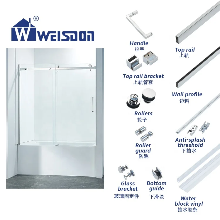 5 Years Warranty Tempered Glass Stainless Steel Tub Door Frameless Double Sliding Bathtub Shower Door