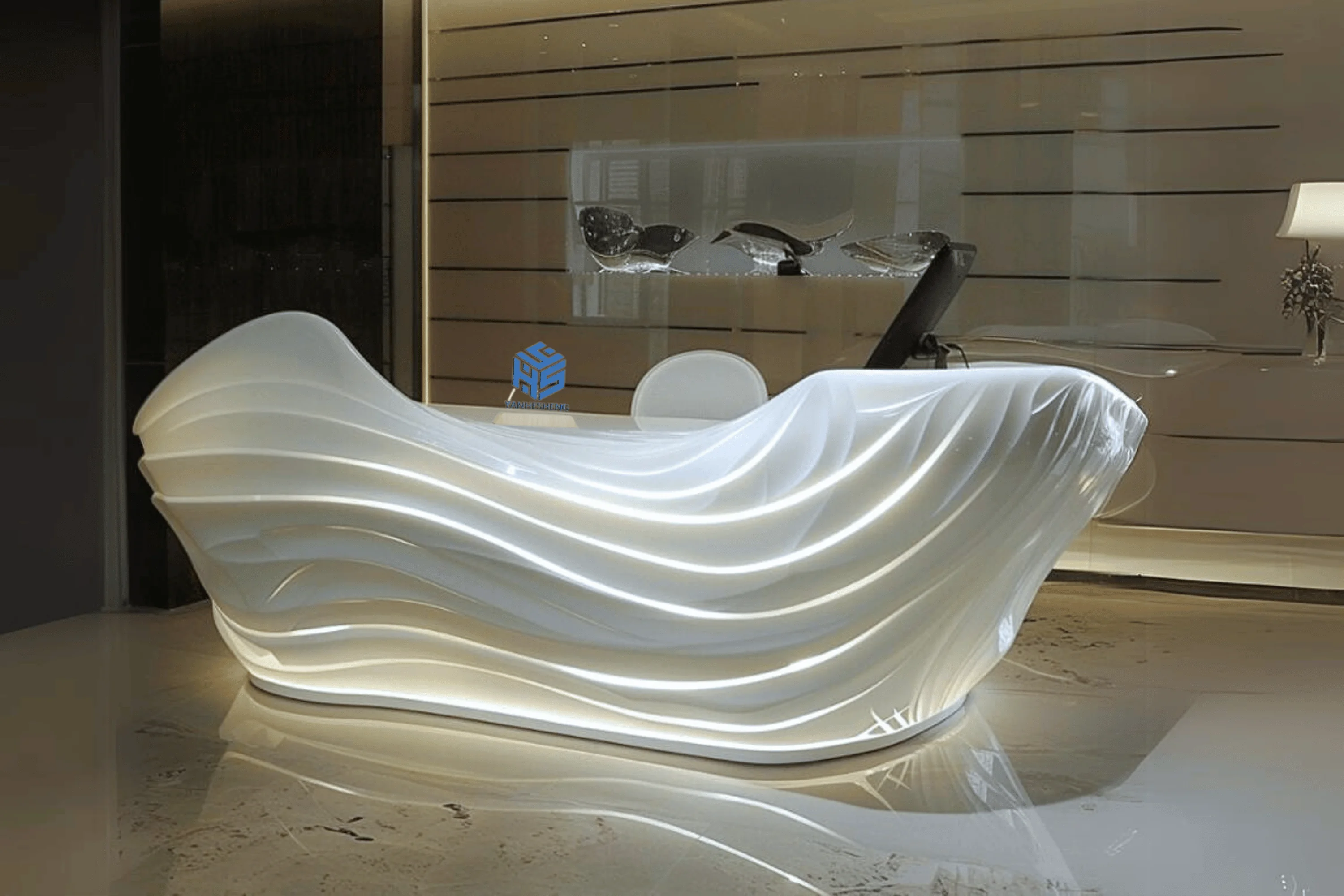 Hotel beauty salon front desk reception counter reception desk white design half round curved stone reception desk