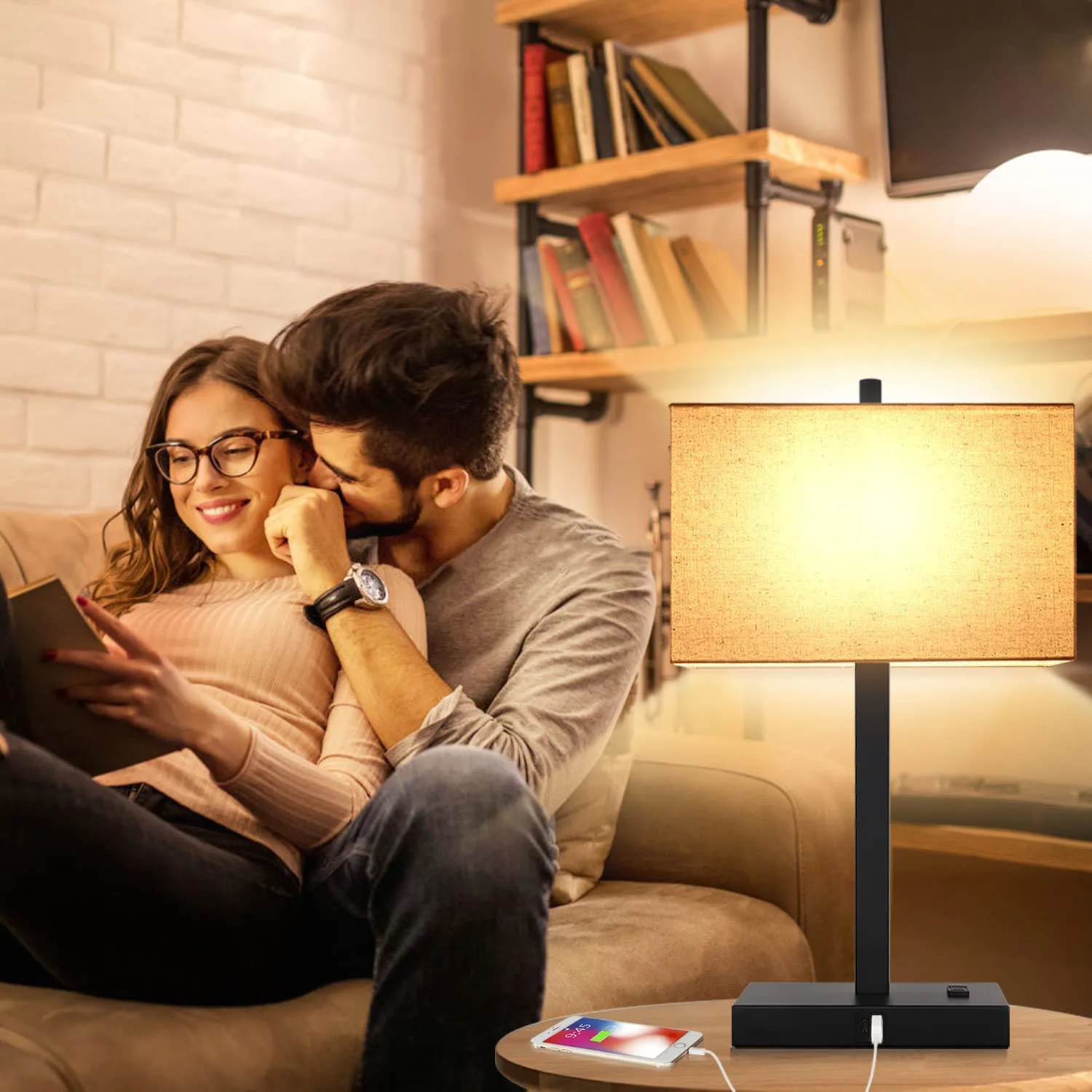 American standard 110V linen table lamp USB interface AC socket living room study bedroom bed three dimming table lamp