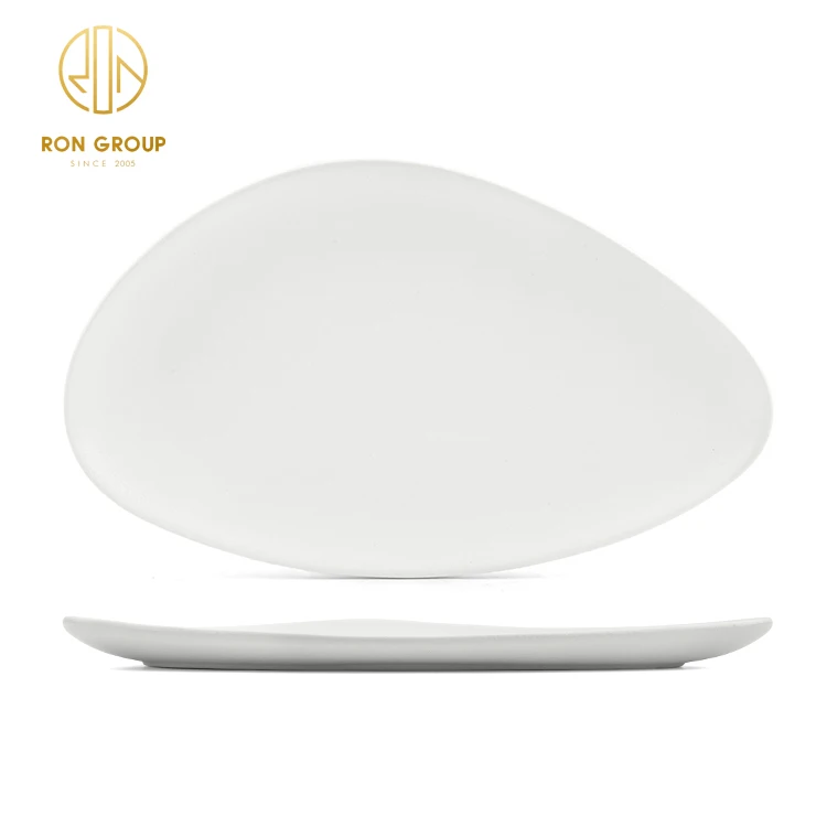 Hot selling unique matte white color frosted triangular shape dinner charger plate for steak pasta sushi ceramic narrow plate