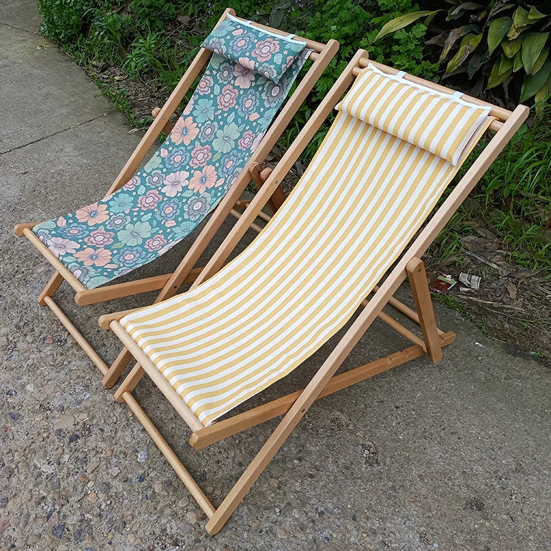 custom logo print branded vintage adjustable foldable beach garden pool reclining outdoor canvas wooden folding deck chair