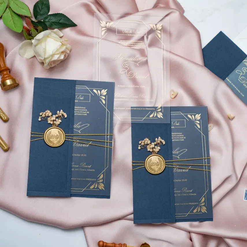 wholesale custom Luxury Elegant Transparent Plexiglass Quinceanera wedding Invitations Cards With velvet envelope