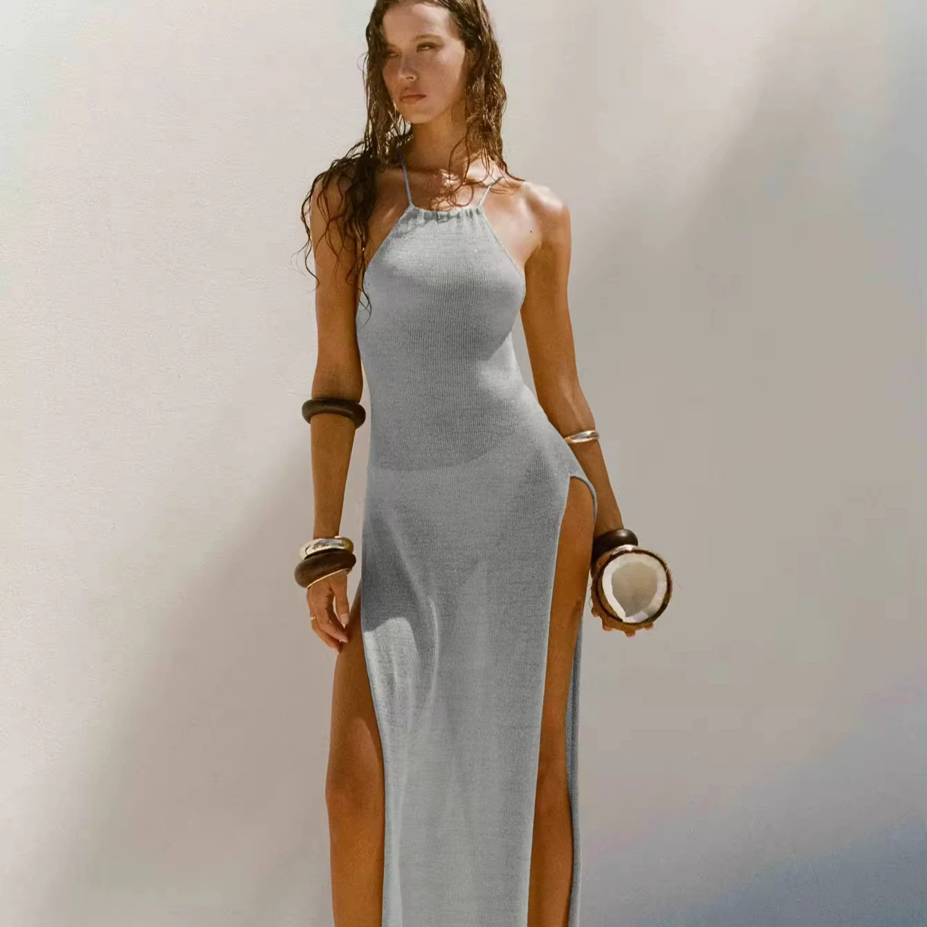 wholesale Sexy High Quality Casual Gown Beautiful back knitted Dresses Halter hollow pleat  beach vacation dress