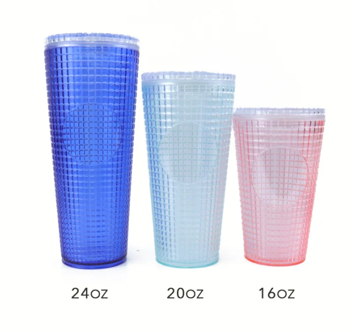 2022 Wholesale Plastic straw Grid corn cup 24oz Double Wall tumbler Cup Custom color logo