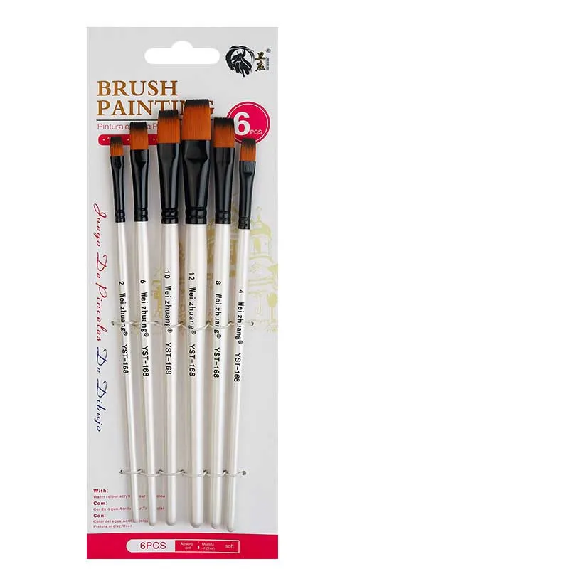 Artist White Wood Handle Painting Brush Aluminum Ferrule Drawing Pen Nylon Hair 6pcs Paint Brush Set for Acrylic