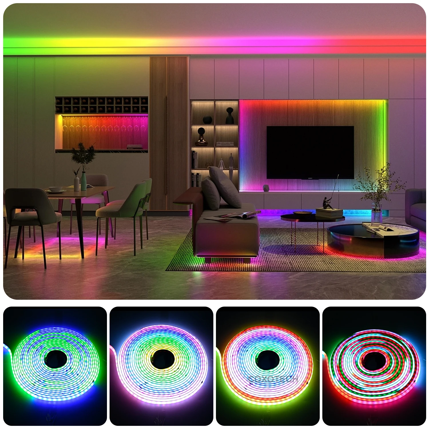 coxo addressable app control running dmx512 spi 5v snake 24v ws2811 rgbic digital cob led strip lights multi color