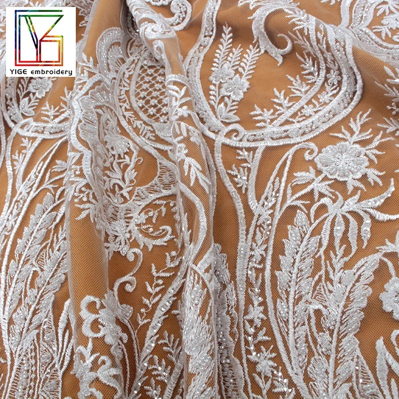 Sparkly Beads with Transparent Sequin on Tulle Mesh Fabric Embroidery  Beaded Bridal Lace Fabric