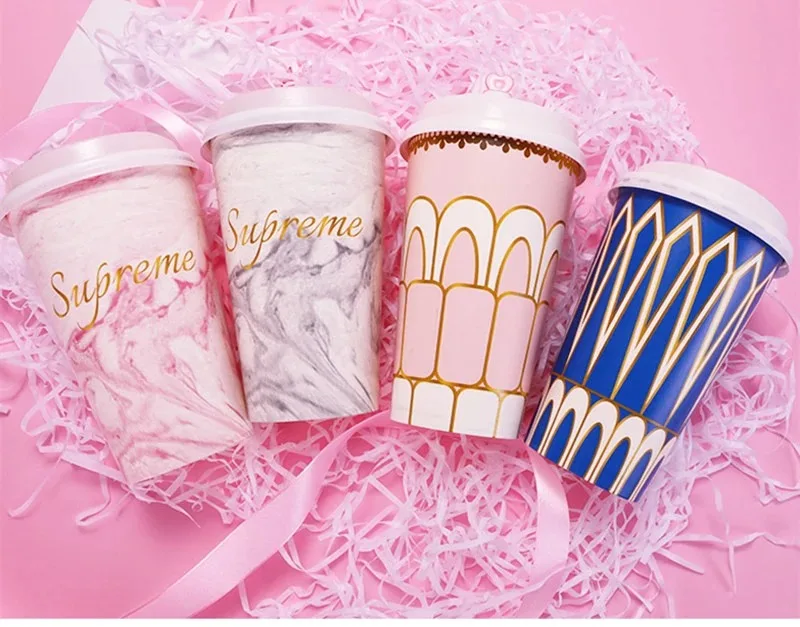 High Quality Bronzing Milk Tea 500ml Disposable coffee Cup Creative Marble Net Red Hot Drink Paper Cups with Lid