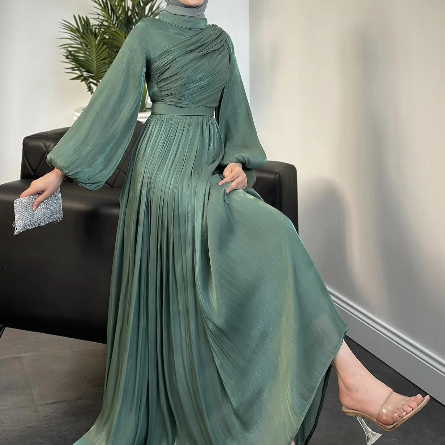 Organza Abayas Dresses Dubai Turkey  Evening Party Dresses Modest Abaya For Muslim Women Fasten Sleeves